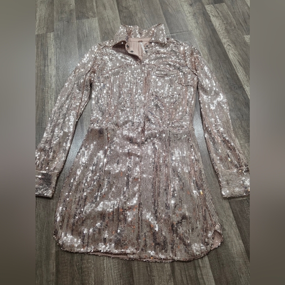 Free People Sophie Sequin Mini Shirt Dress Champagne Gold New Boho Festival Y2K - Picture 8 of 16